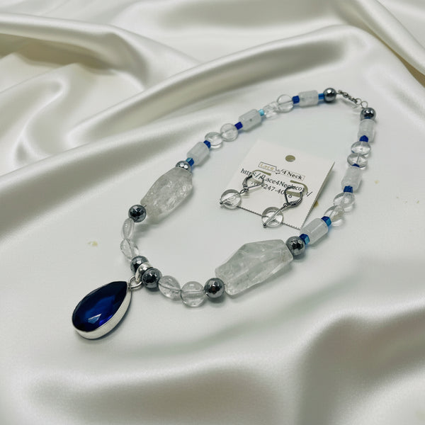 “Sapphirus,” Clear Quartz, Hematite, and Sapphire necklace