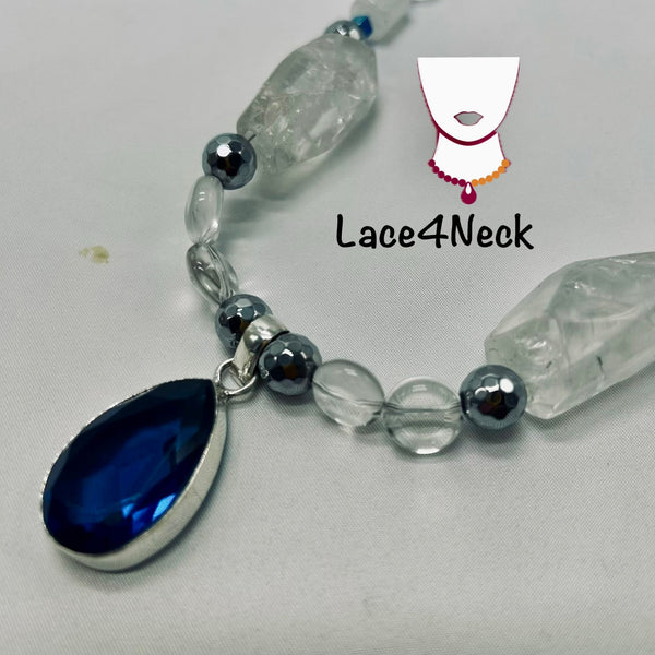 “Sapphirus,” Clear Quartz, Hematite, and Sapphire necklace