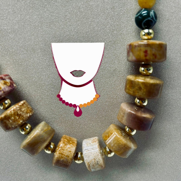 Necklace with brown beads and a small illustration of a face on a gray background