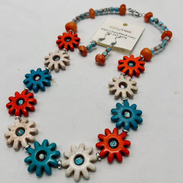 Necklace with colorful gear-shaped beads on a white background