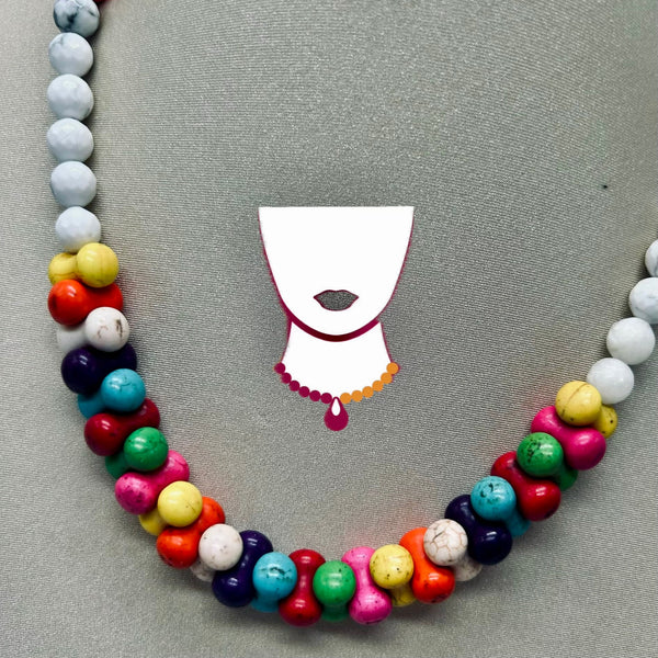 Colorful beaded necklace on a gray background with a stylized illustration of a necklace.