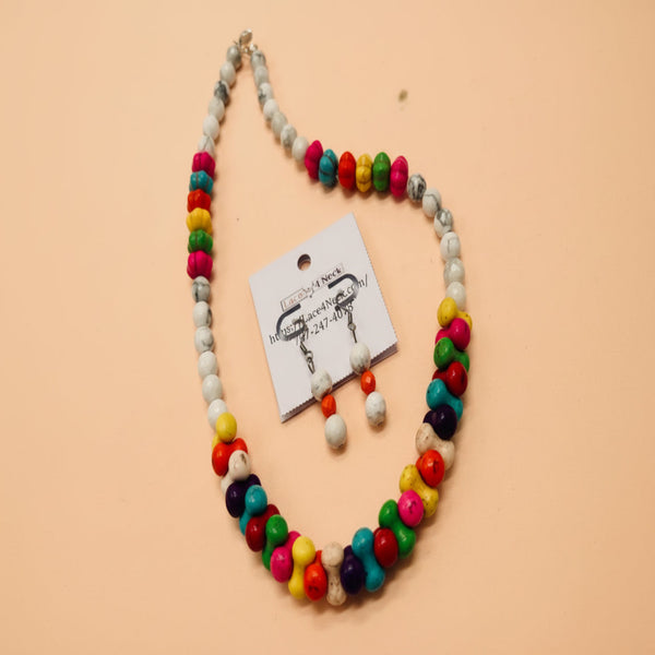 Colorful beaded necklace with a matching earring set on a white background