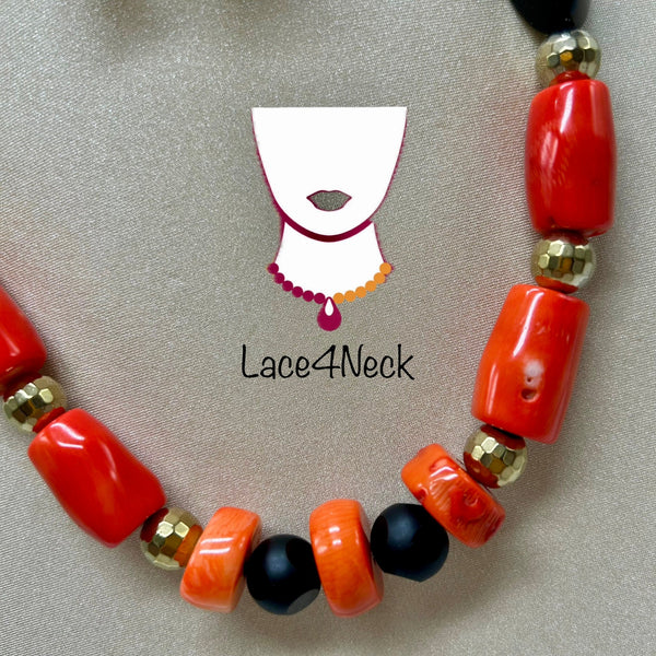 “Spugna”, Coral, Hematite & Porcelain necklace