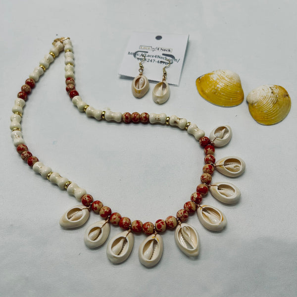 Shell necklace and earrings with a card on a white background